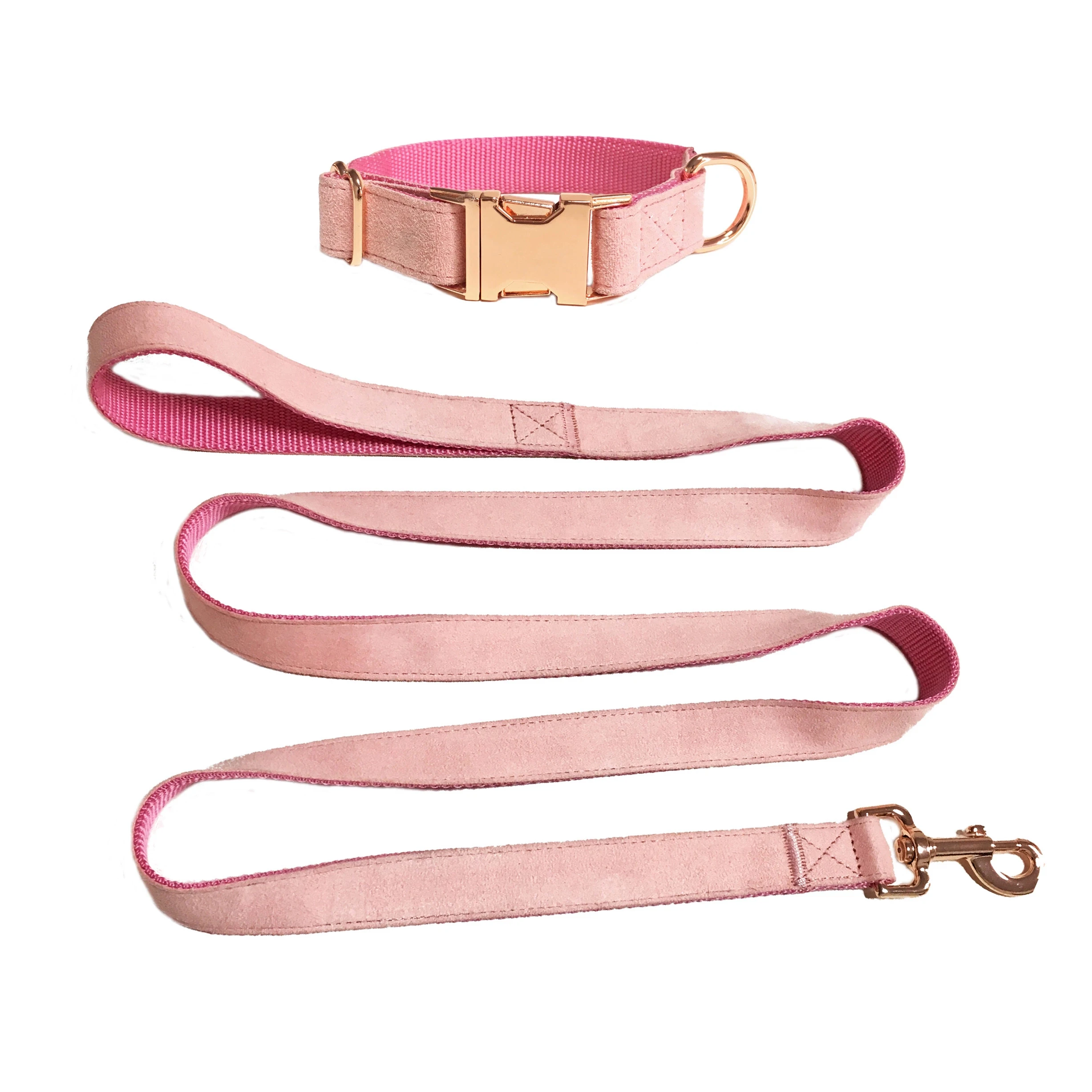 Premium Soft Velvet Pink Pet Dog Collar and Leash Set,Adjustable Collars with Rose Gold Metal Buckle D-ring