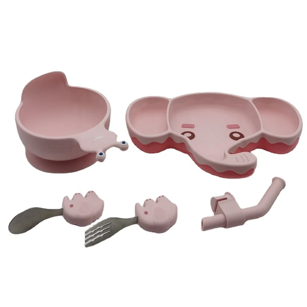 2021 Hot Sales  Cartoon Shape BPA Free silicone tableware 5-pcs set  for children