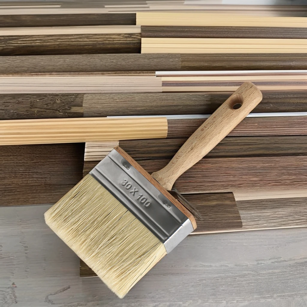 Industrial DIY Block Paint Brush White Bristle Mixed with Synthetic Filaments Stainless Steel Material with Wooden Handle