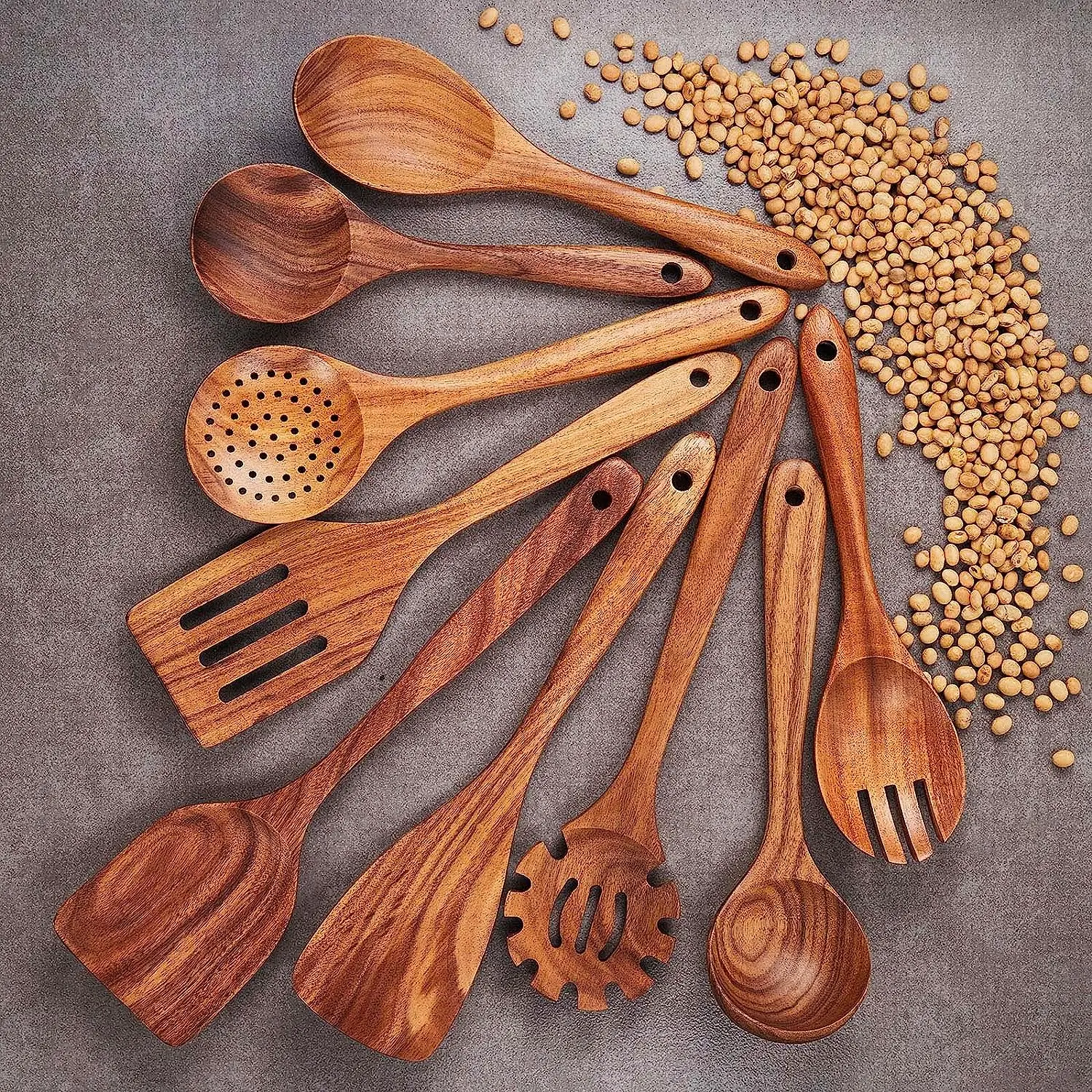 Wooden Kitchen Cooking Tools Natural teak Wood Utensils sets uncoated dishwasher safety