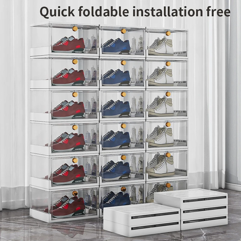 Transparent Stackable Shoe Storage Bins Foldable Sneakers Organizer Boxes Drop Front Plastic Shoe Organizer