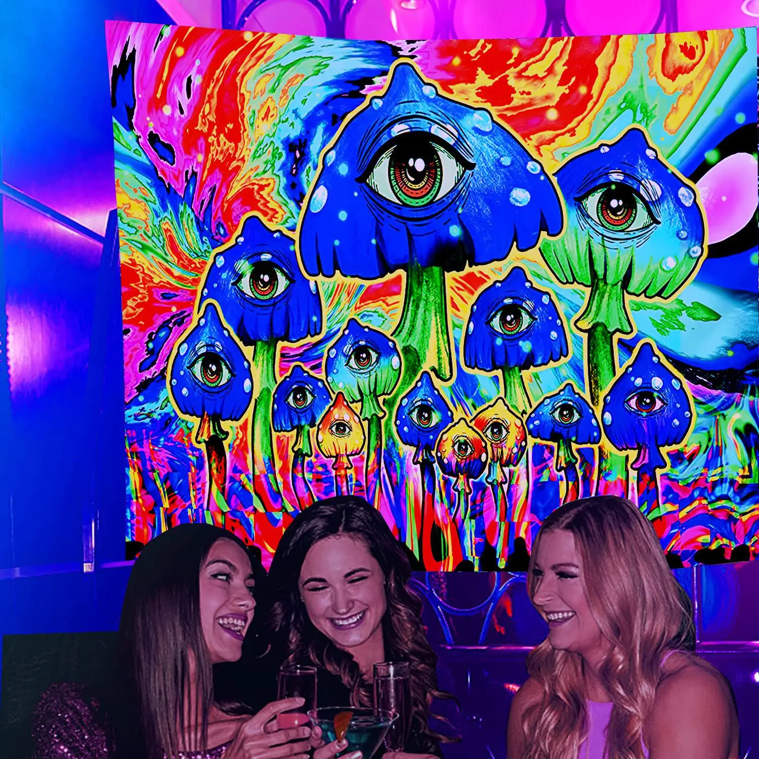 Custom Home Decor Fluorescent Mushroom Wall Hanging Tapestry Glows Under UV Light Night Luminous Mandala Tapestry