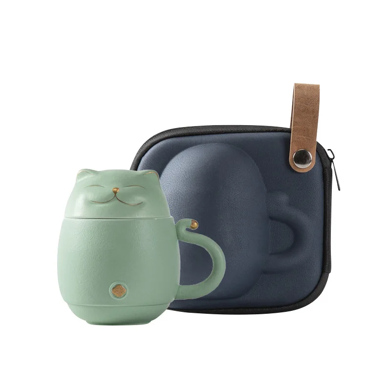 Ceramic Lucky Cat Travel Tea Mug with infuser and Lid