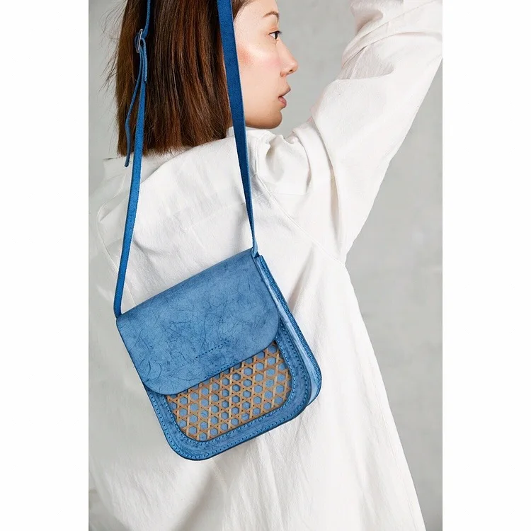 MZL BAMBOU / Cross-body small square bag hand-made bamboo weaving bag retro blue fog wax leather