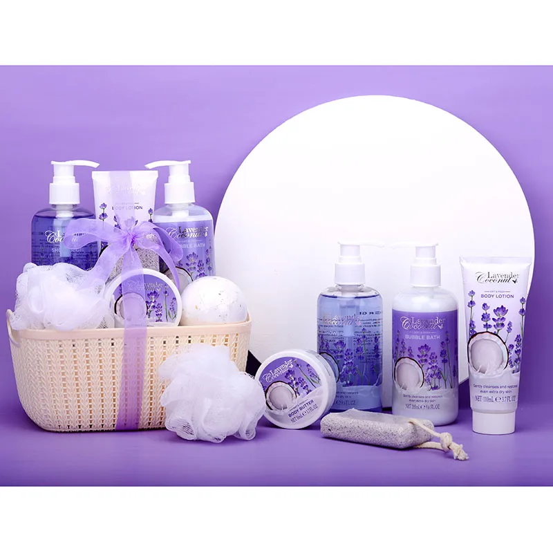 wholesale custom good price lavender bath bomb shower gel bath and body gift set in basket for women
