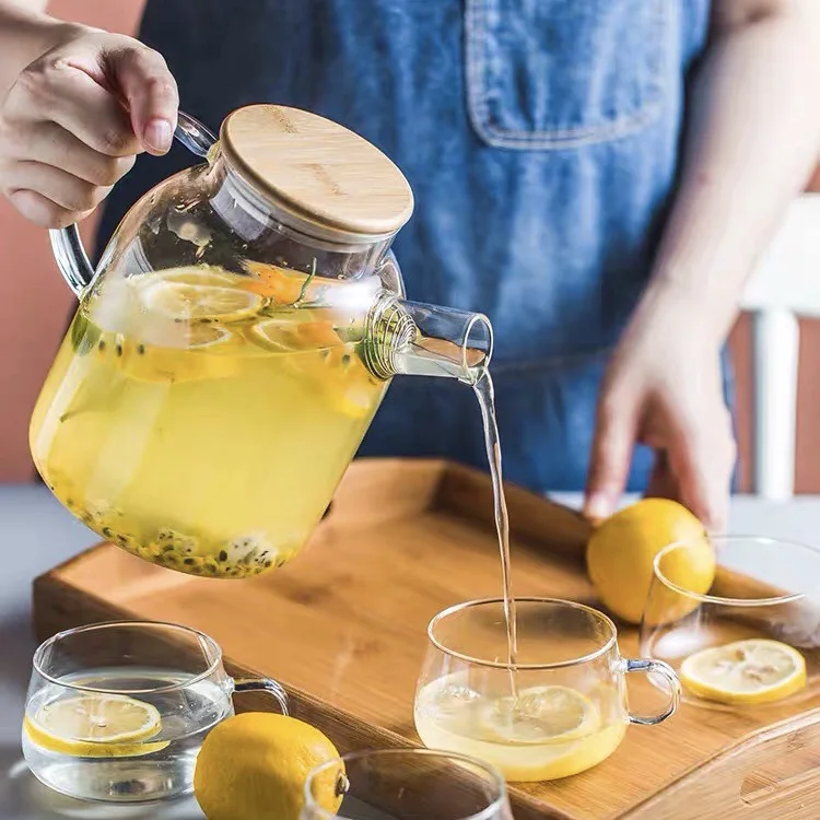 Hot Sale 1000ml 1800ml Borosilicate Glass Teapot Set With Glass Handle And Bamboo Lid