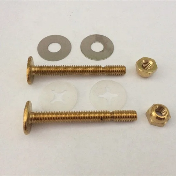 1/4*2-1/2 brass plated T-head toilet bolts , steel anorn nuts , steel retainer washers with polybag