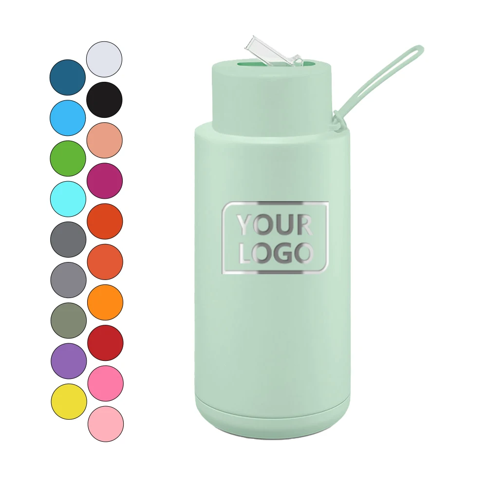 Custom 34oz 1000ml double wall insulated vacuum aqua flask sports gym ceramic inner stainless steel water bottle with straw lid
