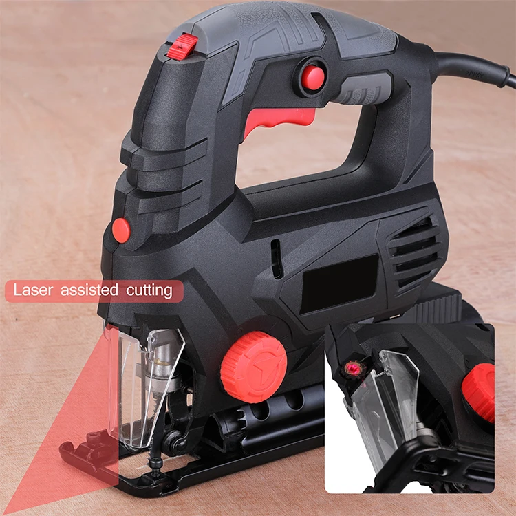 800W Electric Jig saw band,   Laser Guide 6 saw blades, 1 Allen wrench; 1 guiding ruler and dust discharge pipe