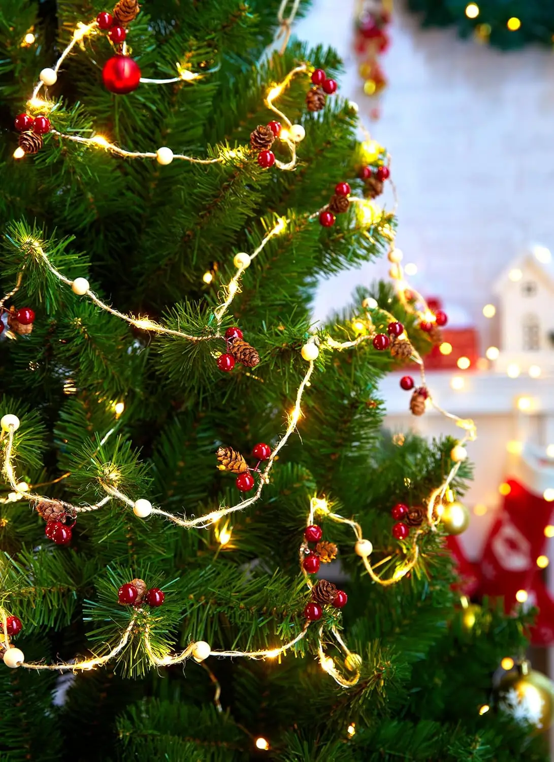 Tsinye LED Christmas Pinecone Lights Total Red Berry Pine Cone Garland with Lights for Home Indoor Christmas Decorations