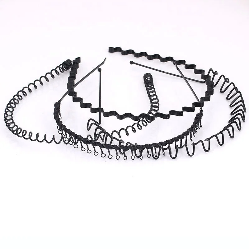 Unisex Non Slip Zig Zag Metal Hoop Hair Accessories Elastic Hair Bands Black Wavy Spring Hairband Sports Headbands for Men Women