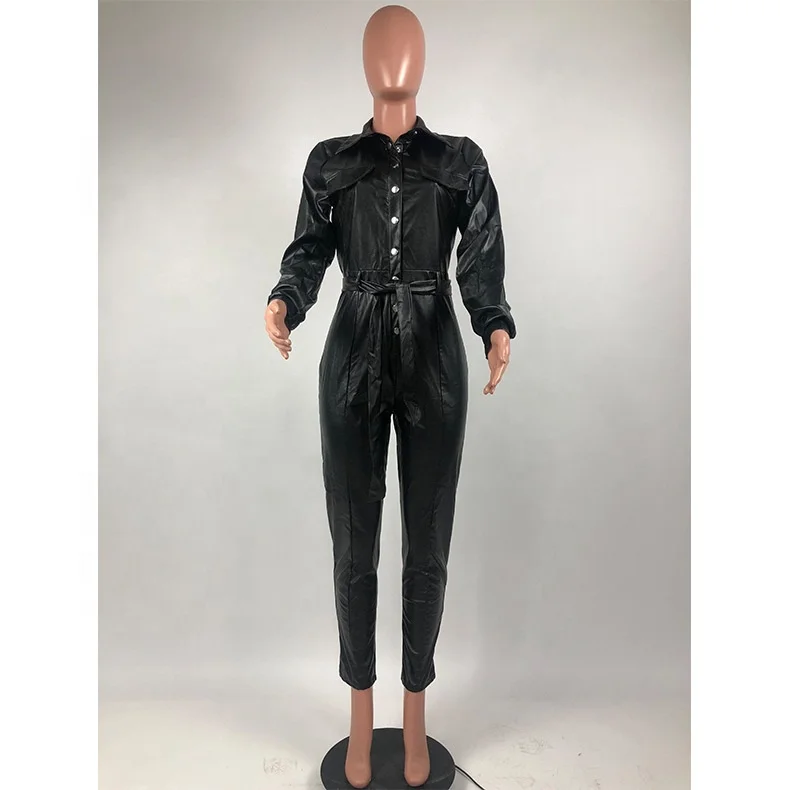2022 China wholesale black leather jumpsuit PU leather jumpsuit