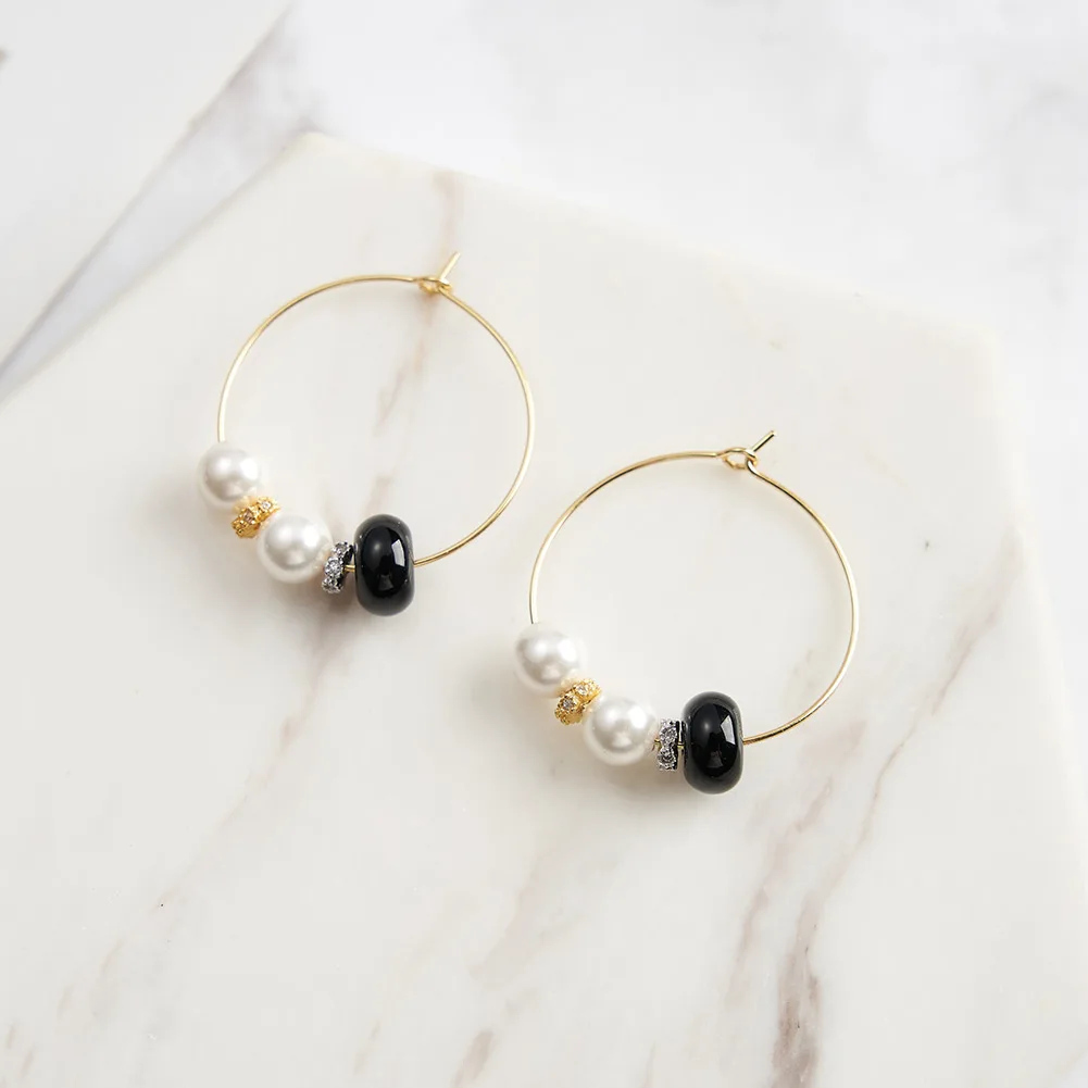 RINNTIN GME47 Premium Original Design 925 Sterling Silver Hoop Black Agate Earrings For Women Jewelry Gifts