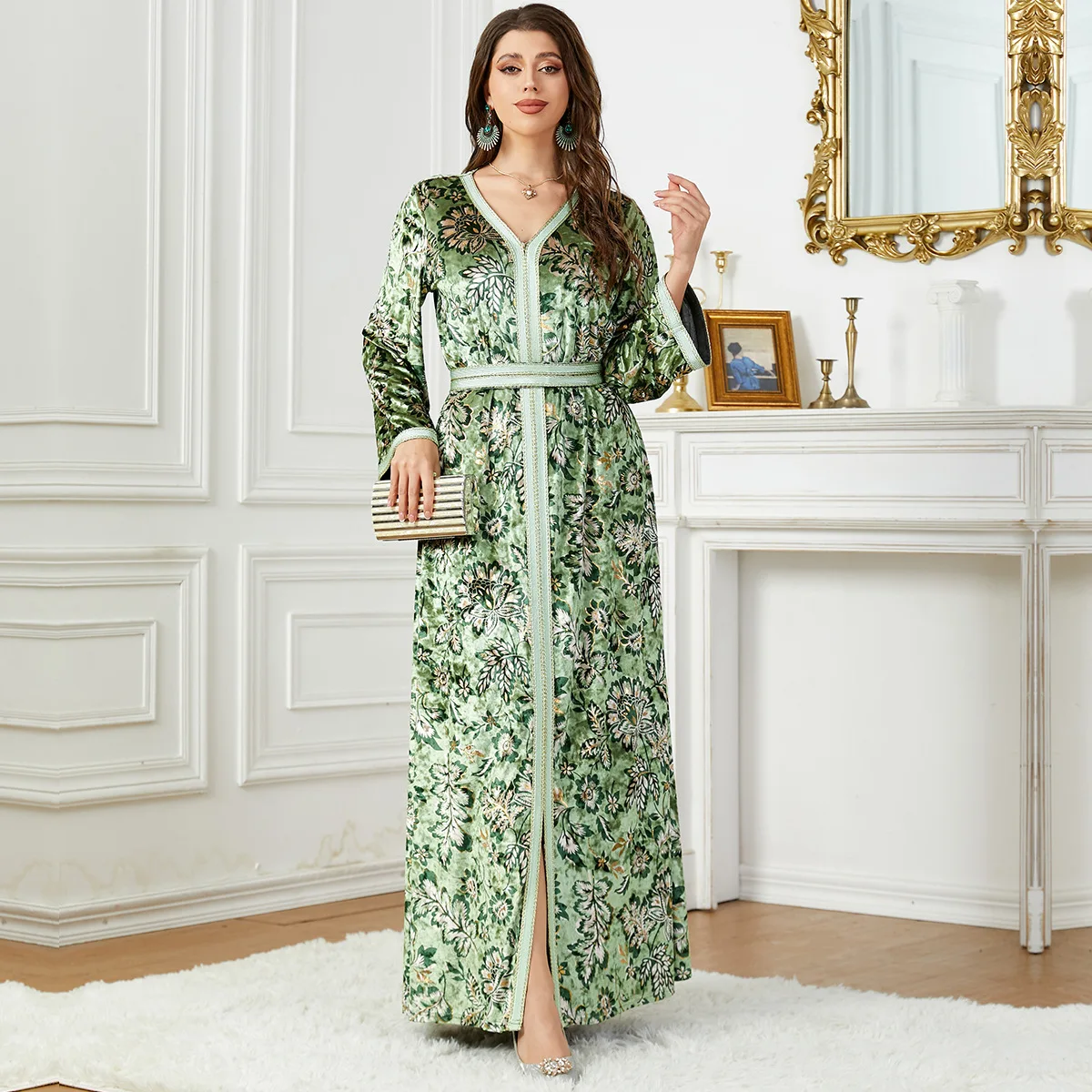 1719 Floral Velvet kaftan long dresses women Muslim Abayah traditional Arab Morocco ethnic Velvet dress Islamic clothing