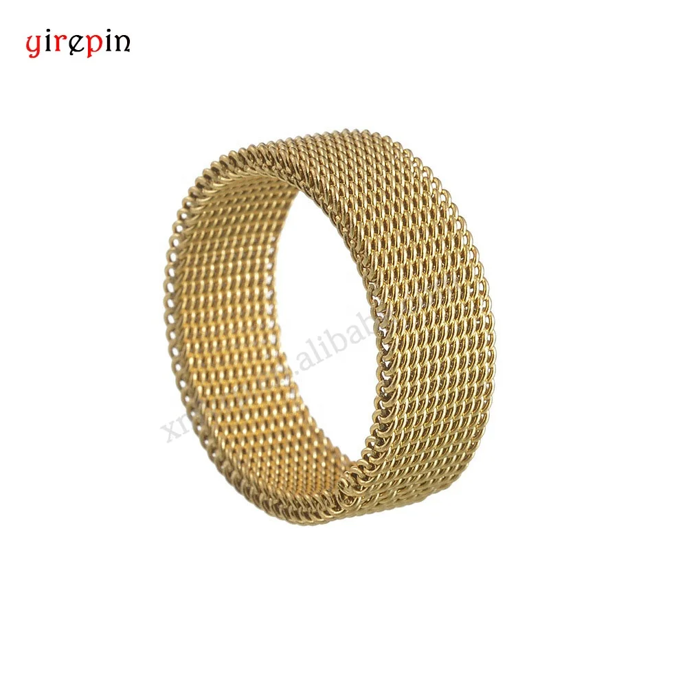 Wholesale Fashion Stainless Steel 18k Gold Plated 8mm Wide Mesh Ring Simple Grid Weaving Zipper Chain Enamel Ring