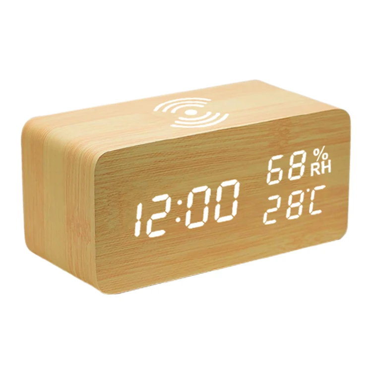 Wholesale Oi Mobile Phone wireless charging wooden alarm clock with temperature and humidity display,3 alarm setting