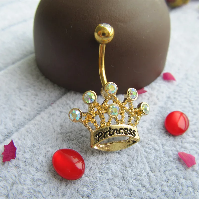  BBR-119 2021 Body Piercing Jewelry Luxury Belly Button Rings Surgical Rose Gold Zircon Crown With Princess
