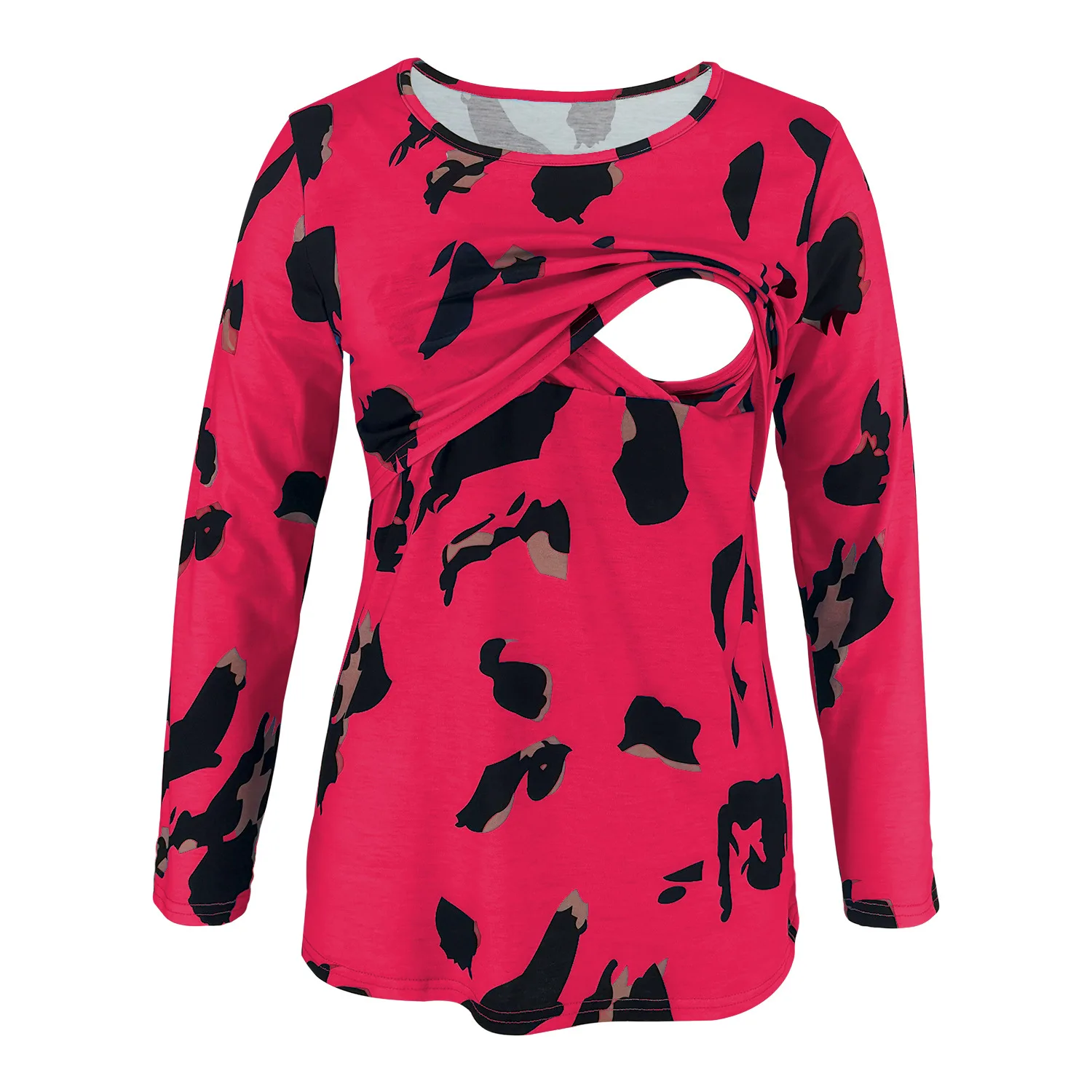 Womens round neck long Sleeve floral leopard print Layered Maternity clothes Breastfeeding tee shirt Nursing Tunic Tops