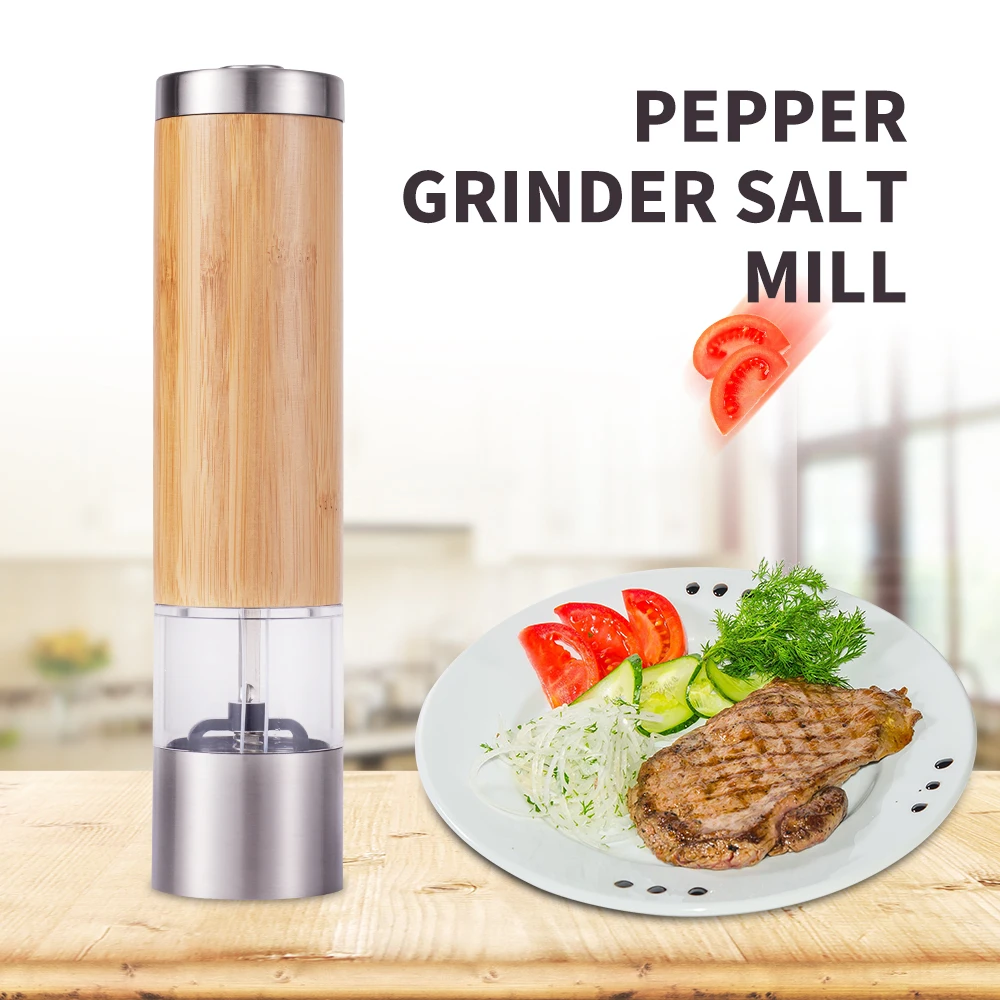2022 Hot Sale Adjustable Ceramic Core Battery Operated Wooden Bamboo Electric Salt And Pepper Grinder Mill