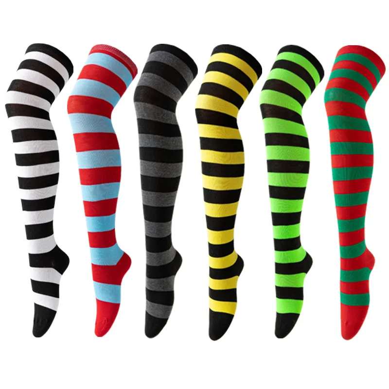 Women pure cotton cute Lolita cosplay warmer striped patterned colorful gift stocking over knee high thigh socks
