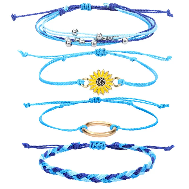 Seaside Surfing Bracelet Waterproof Waxed Wire Hand Knitted Sunflower Bracelet Teenage Friendship Bracelet Set of 4