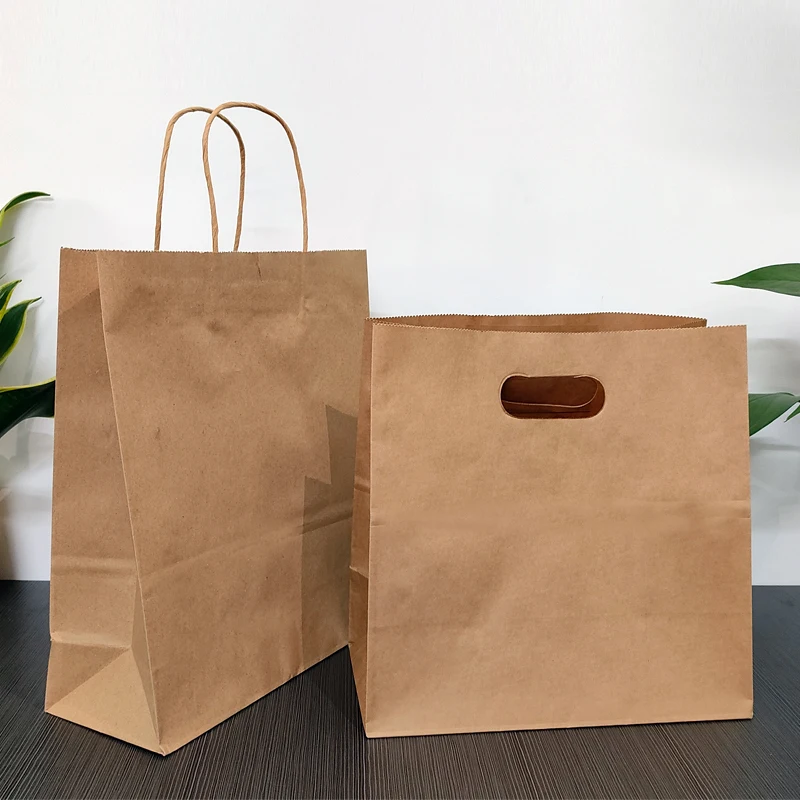 Natural Brown Paper Die Cut Food Service paper bags Custom Restaurant, Bakery, Retail kraft paper packaging carrying bag