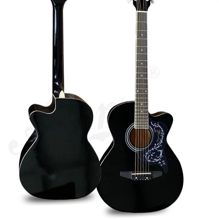China Aiersi brand wholesale cutaway shape OEM ODM black color acoustic guitar 6 steel strings musical instrument