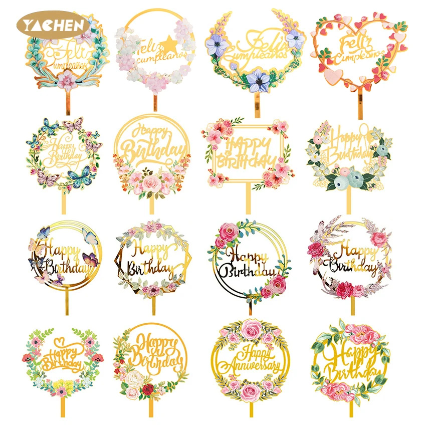 YACHEN Wholesale Custom Acrylic Happy Birthday Cake Topper Decoration Golden Flower Acrylic Cake Toppers
