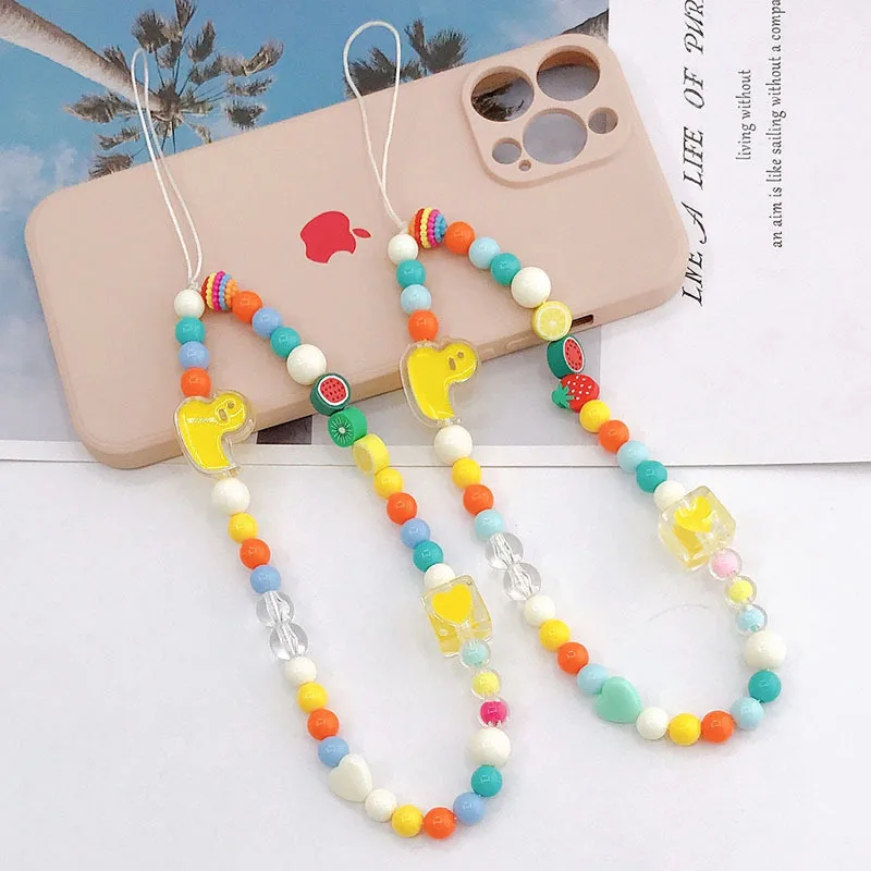 Best sale  cute  yellow duck  chain plastic  customize  rainbow  phone  beads accessories chains  for girls