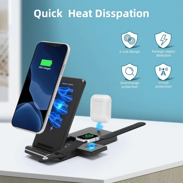 2022  Factory Price Foldable High Quality  15w 3 In 1 Wireless Charger For Iphone 13 12 11 For Samsung Galaxy Note 20