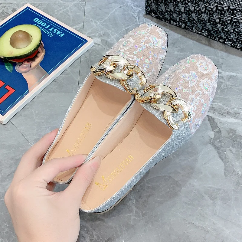 StepGrace Wholesale Luxury Women Fashion Metal Chain Walking Flats Wedding Shoes Casual Outdoor Slip-On  Sandals For Women Flats