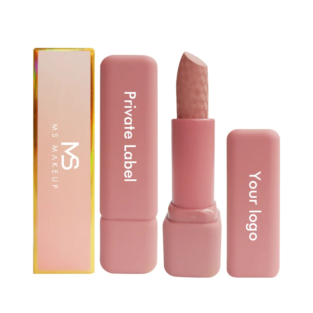 popular hot sale 8 colors rubber tube high pigment carved cute pink waterproof long lasting Korea makeup nude lipstick