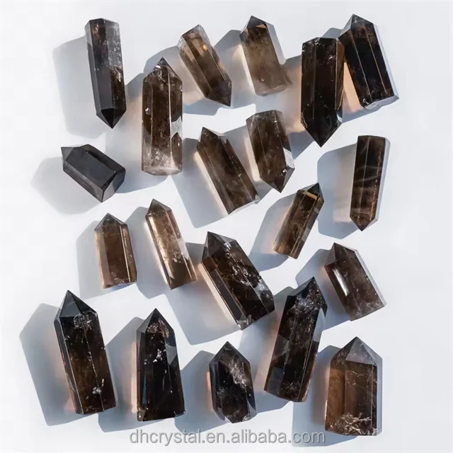 Wholesale Crystal Towers Smoky Cheap Price Dark Big Size Hexagon Wands Prism Engraved Miner Crafting Crystal Quartz Tower Points