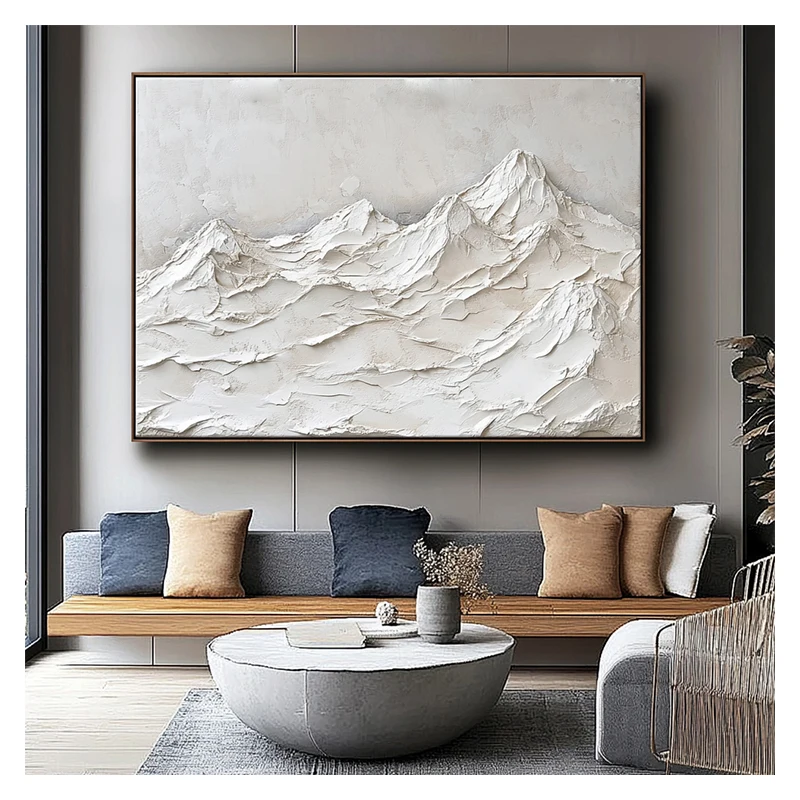 Handmade Knife Plaster Artwork Minimalist 3D White Mountain Landscape Painting Textured Wall Art