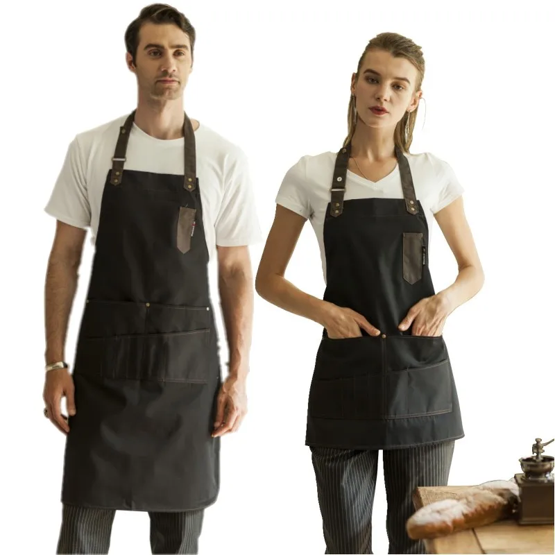 Stock Fashion 100% COTTON Multi Pockets Overall Unisex Kitchen Apron with Logo for Restaurants Cafe Bar Home Cooking