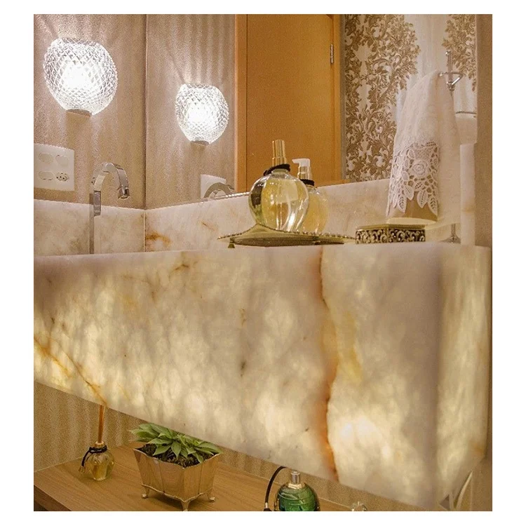 LED lighted translucent stone bathroom white backlit onyx vanity top sink