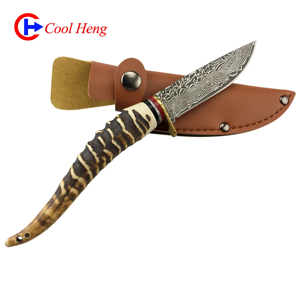 
Damascus pattern Antlers handle outdoors knife Retro Camping hunting knife With PU knife cover 