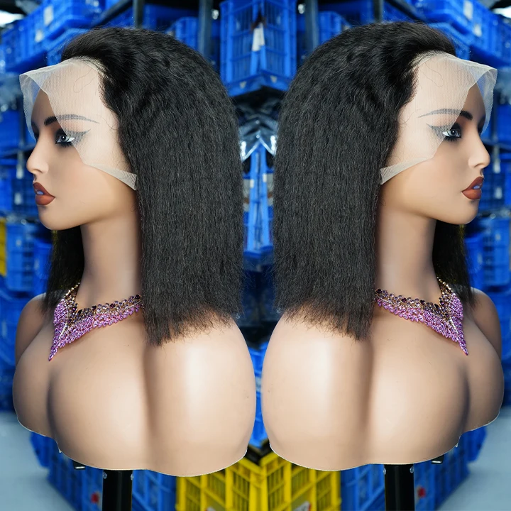 Kinky Straight Human Hair Wigs 10 Inch Yaki Straight Bob Wig 100% Human Hair Lace Front Wigs