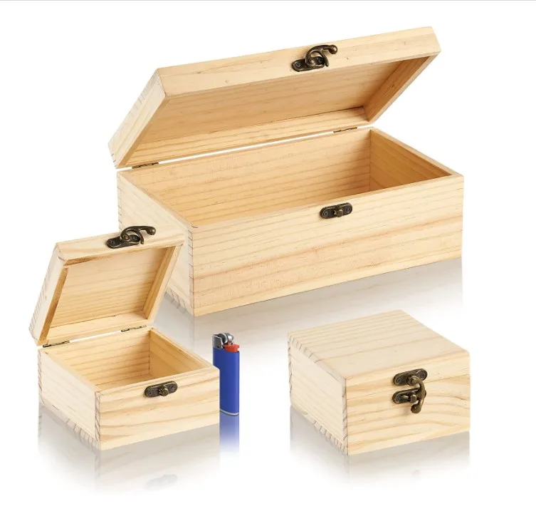 Custom logo wooden box rectangular hinged pine gift jewelry box wooden box