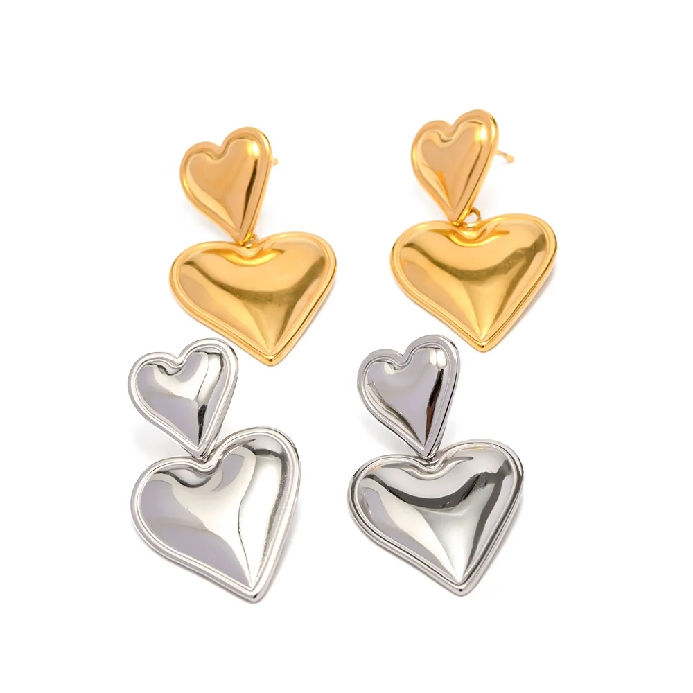 Trendy Double Heart Earring 18K Stainless Steel Gold Silver Plated Smooth Love Drop Earring