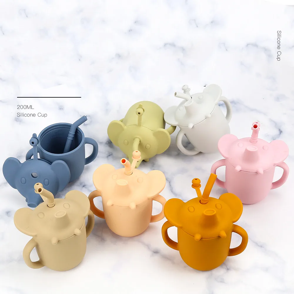 Cute Elephant Shape Baby Water Bottles Food Grade Silicone Kids Water Cups with Straw