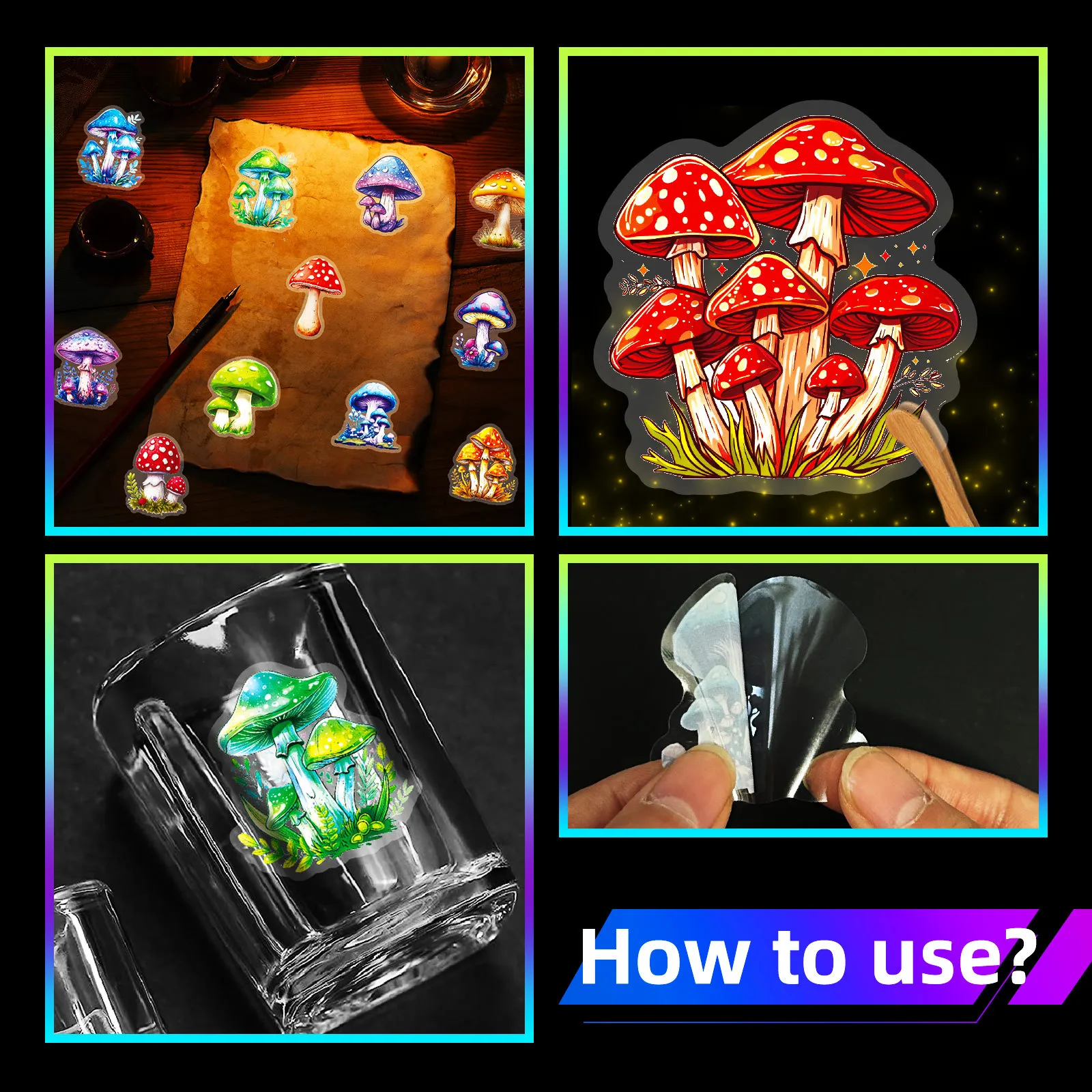 50 Pcs various mushroom PET stickers creative mushroom themed tent decoration stickers waterproof retro plant mushroom stickers