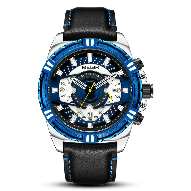 MEGIR 2118  Men Blue Leather Strap Sports Casual Watches Waterproof Luminous Wristwatch Man Relogio Masculino Clock
