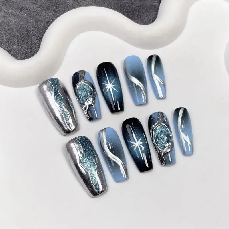 Wear Nail Pure Handmade Nail Art Finished Patches Hand-painted Magic Mirror French Gradient Aurora Nail Art