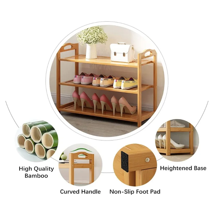 Factory price entryway 3-tier shoes storage organizer bamboo shoes display rack
