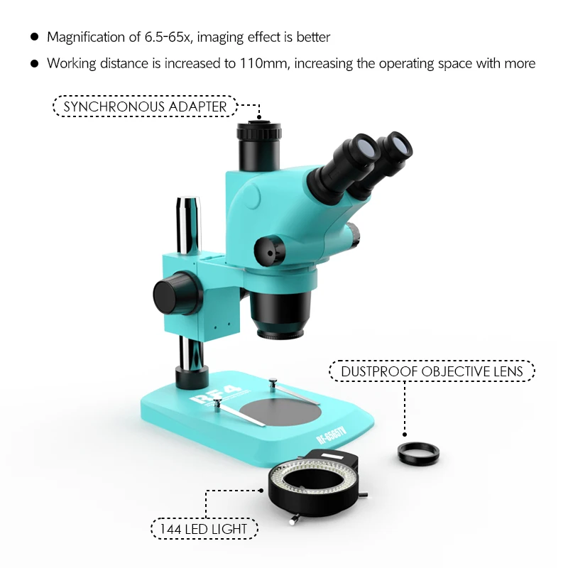 RF4 RF6565TV Electronic HD Microscopes 6.5-65X Continuous Zoom with 144 LED Ring Light HDMI 2K Camera for Phone Repair Tool
