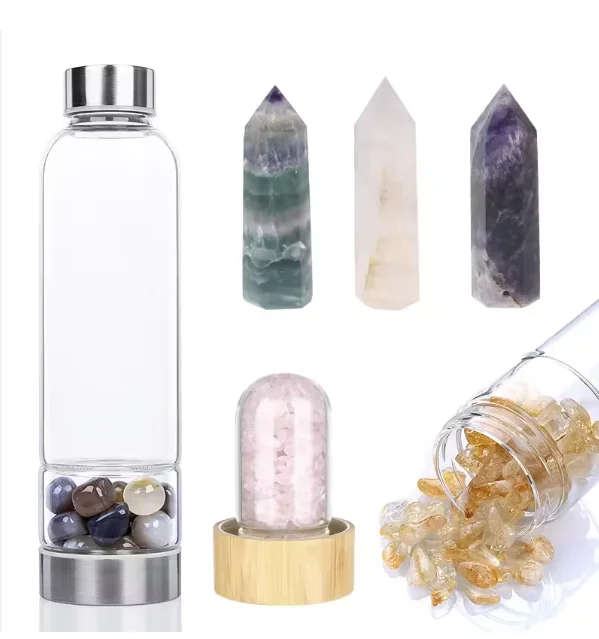 C&H Wholesale  New Design 450ML/500ML Luxury Healing Logo Customization Gemstone Infused Crystal Glass Water Bottle