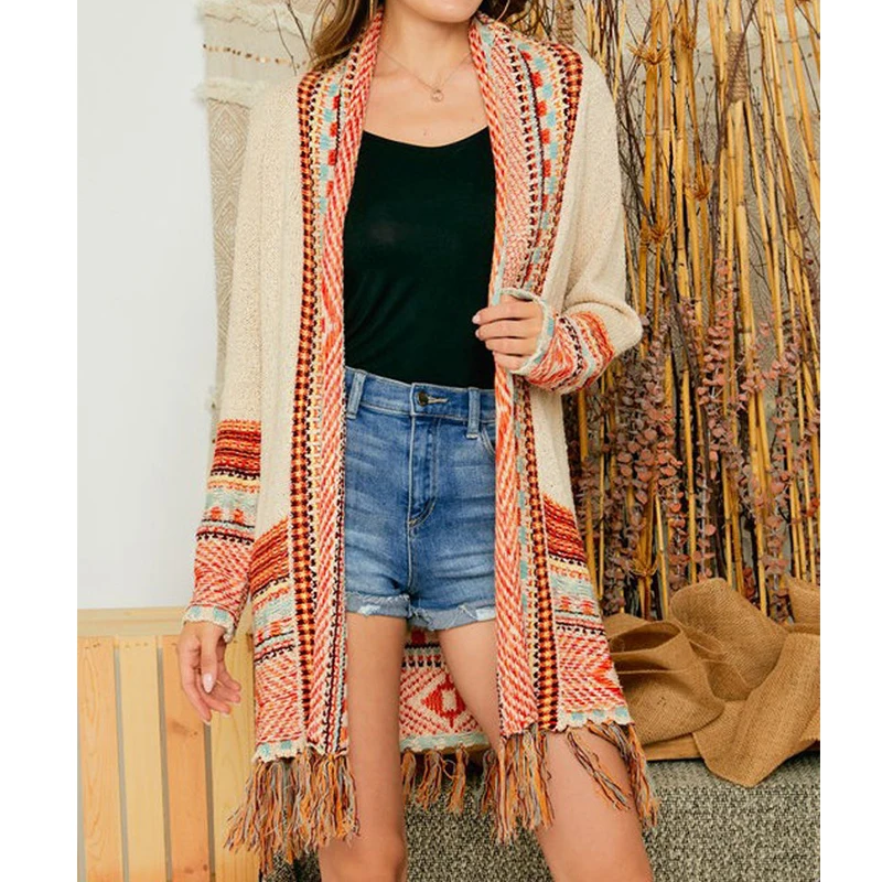  Annex OEM ODM Knitted Print Elegant Coats Winter Autumn Vintage Woolen Cardigan Plus Size Sweaters Coat Boho Sweater for