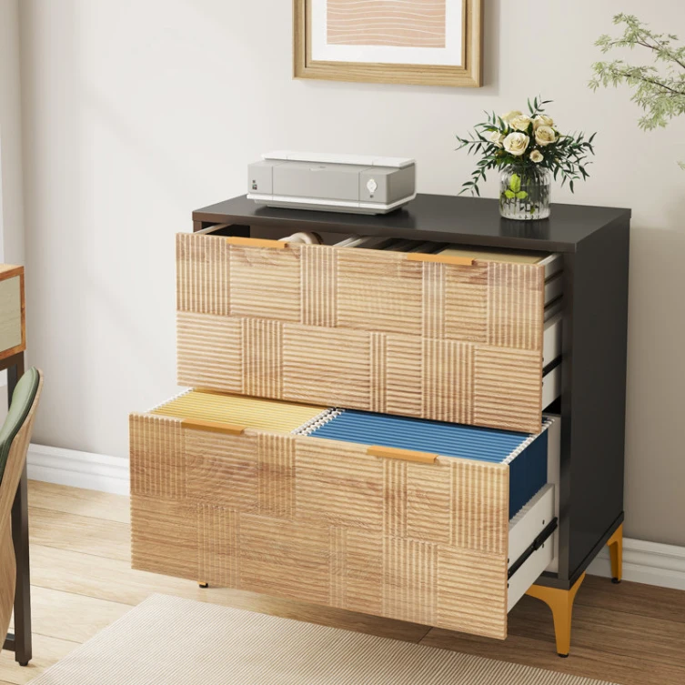 24 Years Factory Direct Modern Farmhouse 2 Drawers Ribbed Fluted Design File Cabinet in Oak and Gold Metal Leg