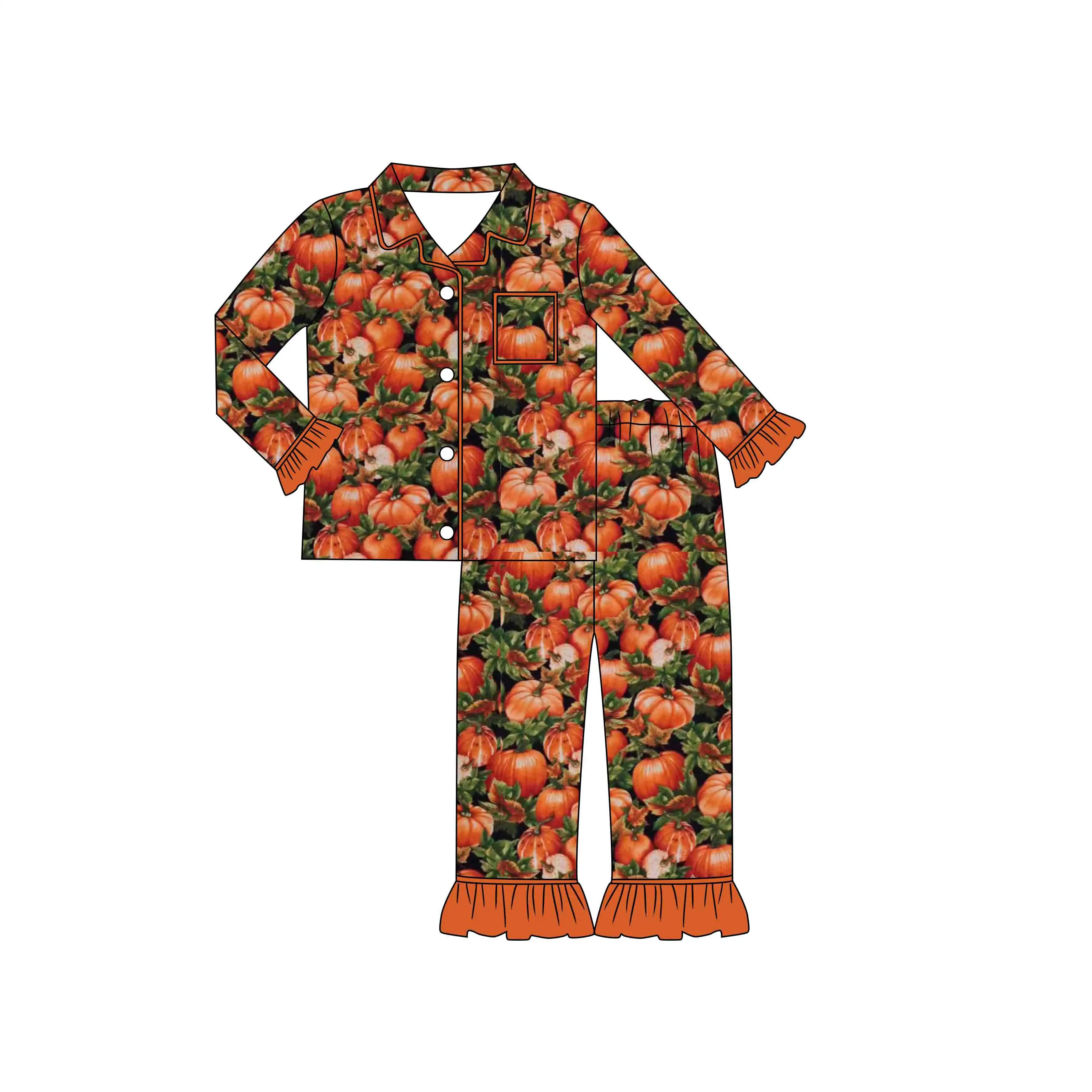 Custom autumn pattern kids girls twirl dress milk silk fabric long sleeve kids baby pocket dress